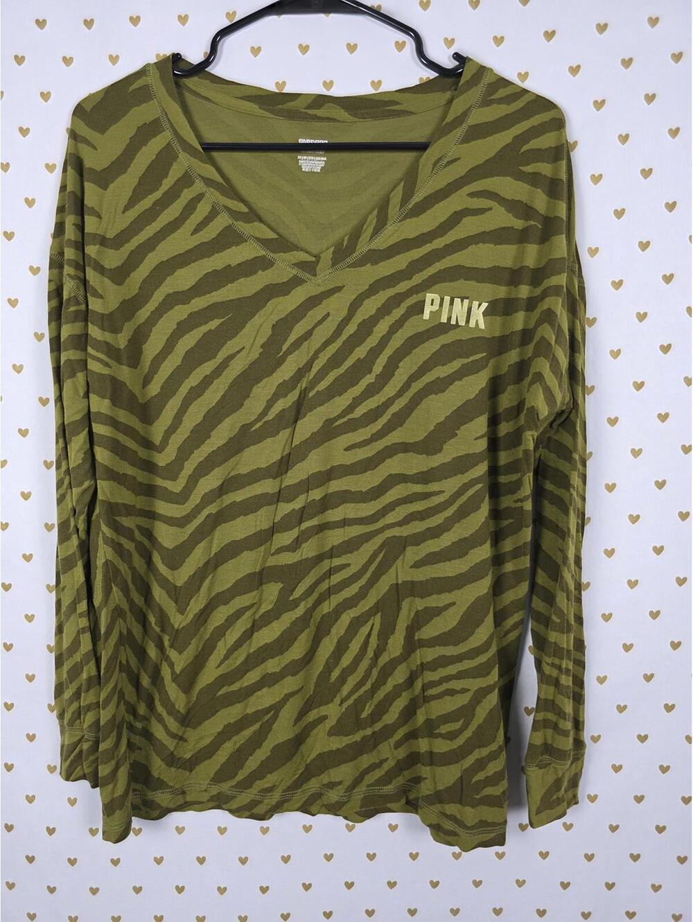 Victorias Secret PINK V neck ANIMAL PRINT ZEBRA Green Long Sleeve Tee shirt XS